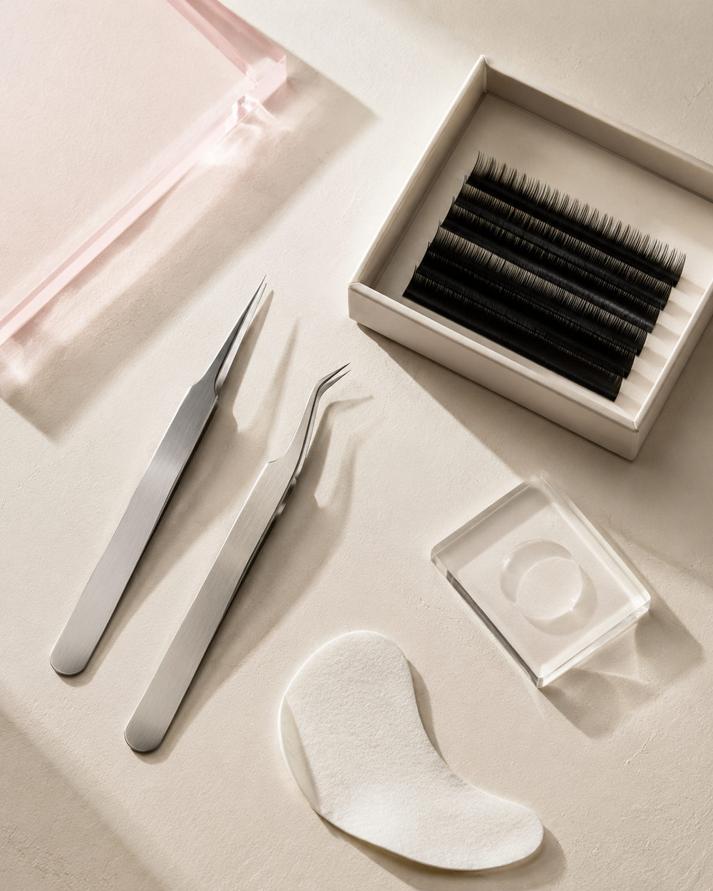 Professional lash trays and precision tools arranged on a warm ivory surface